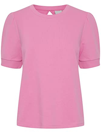 ICHI IHYARLA SW Damen T-Shirt Kurzarm Shirt Kurzarmsweatshirt mit Rückenausschnitt Kurze Puffärmel Organic Cotton Regular Fit, Größe:M, Farbe:Super Pink (172625)