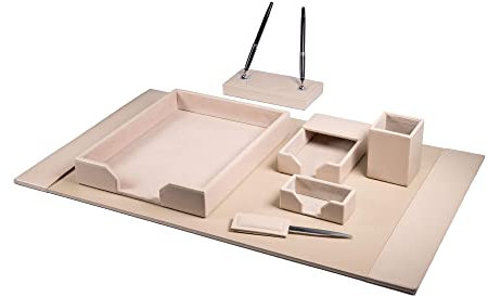 Dacasso Bonded Set Luxus Leder Schreibtischunterlage & Schreibtisch-Organisations-Essentials, 7-teilig, Weiß Latte