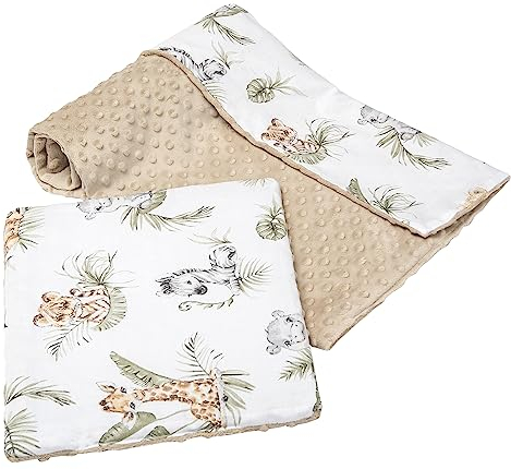 Medi Partners Babydecke Krabbeldecke mit Kissen 100% Baumwolle Minky Kinderdecke groß zweiseitig 75x100 + 35x30cm multifunktional für Bett Kinderwagen (Safari mit beigem Minky)