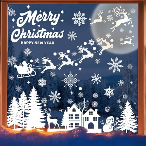Fensterbilder Weihnachten Selbstklebend, Rainllon Schneeflocken Fensterdeko Weihnachten,Kinderzimmer Weihnachtsmann Fensterdeko,PVC Winter Schneeflocken Fensterbilder Weihnachten Wiederverwendbar