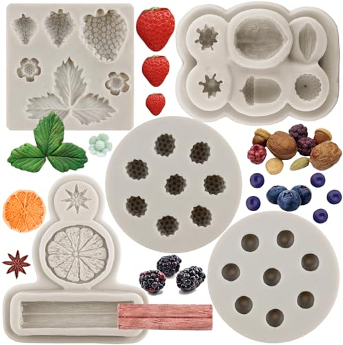MYPRACS Set di 5 stampi in silicone a forma di mirtillo, lampone, fragola, nocciole, bacche, spezie, anice stellato, cannella, limone, per decorare torte, cupcake, caramelle, cioccolato, pasta di