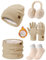 UMIPUBO Mütze Schal Handschuhe Damen Winter Set Wintermütze Fleece Gefütterte Beanie Loop Schlauchschal Wärmer Touchscreen Plüsch Ohrenwärmer Verdickte Ohrenschützer Socken-5 Stück Set，Khaki