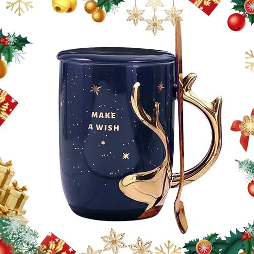 Embhlitfe Weihnachts-Kaffeebecher 400ml Weihnachts-Keramikbecher Weihnachtsbecher mit Deckel und Löffel Lovely Christmas Deer Keramik-Teebecher mit Griff für Kaffee Milch Tee Saft Büro (Blau)
