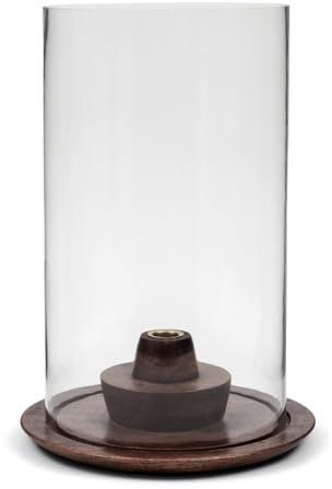 Riviera Maison Kerzenständer Tischkerze Natürlich, Kerzenhalter Hölzernes Plateau, Heimdekoration - Banyu Kerzenleuchter Rund mit Glas - Glas - Handgefertigt - (ØxH) 24x34