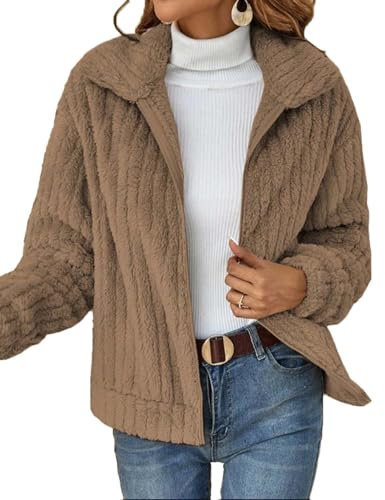 HUXRAKV Donna Cappotto Caldo di Peluche Risvolto Giacca Corta Autunno Inverno Cappotti Cerniera Cappotto con Tasche,WD20-Cachi,XL