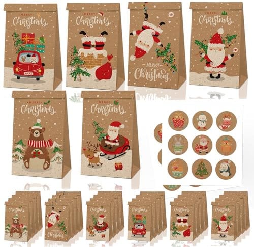 Notwoe® 24 Stück Geschenktüten Weihnachten,Personalisierte weihnachtstüten,Geschenktüten mit Weihnachtspinguin,Papiertüten Weihnachten für Geburtstagssüßigkeiten,Partys,Hochzeiten,Märkte. (Brown-B24)