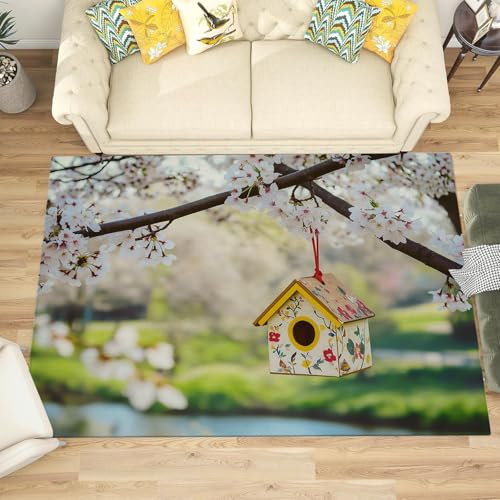 JEDTAKCT Teppich Wohnzimmer, Waschbarer Teppich Kurzflor rutschfest, Sakura Vogelhaus Teppich Für Schlafzimmer, Esszimmer, Teppich Mit Frühlingslandschaft Muster, Groß: 120X180Cm