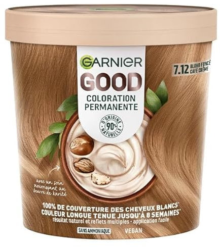 Garnier - Coloration Permanente - Sans Ammoniaque - 90% d'Ingrédients d'Origine Naturelle et Formule Vegan - Beurre de Karité - 100% Couverture Cheveux Blancs - Blond Foncé Café Crème (7.12) - Good