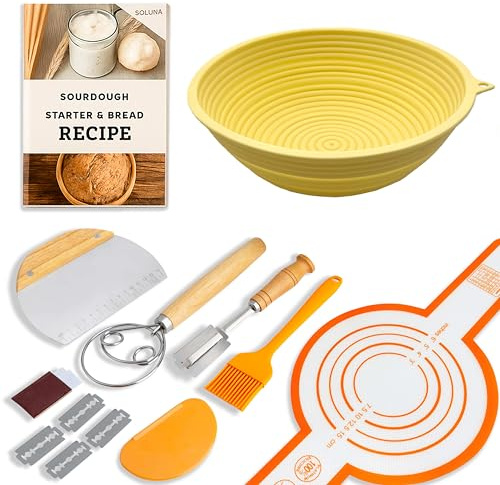 SoLuna.® Sourdough Starter Kit for Bread Making with Silicone Proofing Basket Round - Sourdough Starter Supplies Kits - Bread Baking Accessories (Silicone Orange, 9pcs)