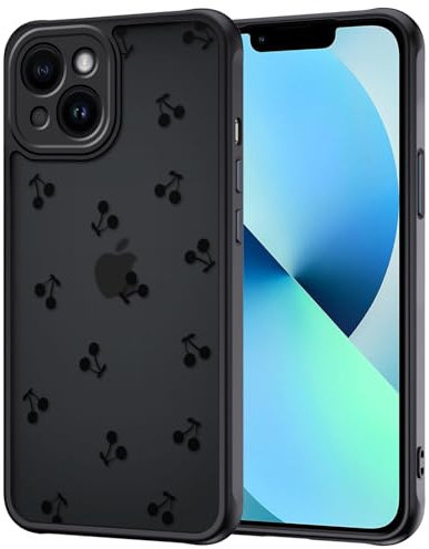 TVVTPU Handy Hülle für iPhone 13 mit Vollständiger Kameraschutz, Aesthetic Kirschen Muster Handyhülle Anti-Fingerabdruck Mattierte Transluzente Rückseite Stoßfest Kratzfest Case, Schwarz