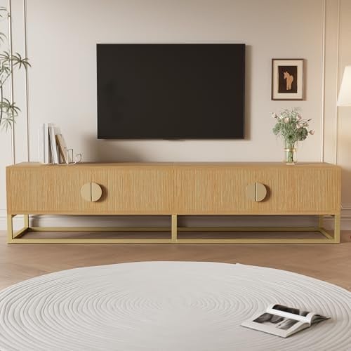 Jaxenor 180cm TV Cabinet with 4 Doors, TV Stand Cabinet with Semi-Circular Handles, Modern Entertainment Unit for Living Room, Supports TVs Up to 75 Inches, Natural