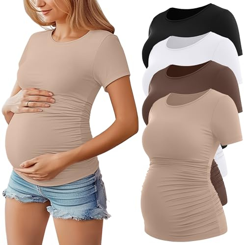 Geyoga Confezione 4 Top Premaman Maniche Corte Donna | Cotone, Collo Rotondo, Pieghe Elastiche Laterali, Taglio Aderente, Estate, Traspirante, Elastico, Casual, Morbido