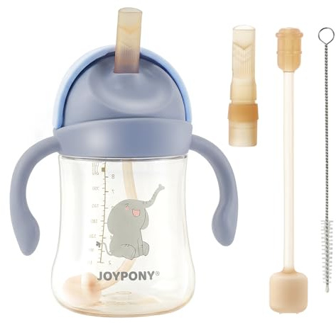 Joypony PPSU Sippy Cup, 266ml Spill Proof Weighted Straw Cup, Blue | Weighted baby water bottle with V-valve, BPA free PPSU, handles for easy grip, includes 2 silicone straws and cleaning brush