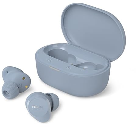 Philips TAT2100LB Auricolari True Wireless Bluetooth 6.0, 36 ore di riproduzione, 4 mic per chiamate chiare, Resistenza agli schizzi IPX4, Alloggiamento tascabile per la ricarica, Blu chiaro