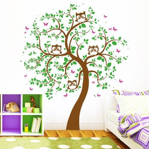 Wandtattoo Loft „Vier Eulen auf einem Baum“ (3farbig) in Ihren Wunschfarben,Wandtattoo, Bäumchen mit Eulen Kinder, 30 Farben / 4 Größen