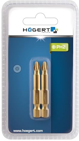 HÖGERT TECHNIK – PH2 Bit-Set 50 mm aus S2-Stahl, TiN-beschichtet, 2 Stück, Slim-Profil für schwer zugängliche Schrauben, präzise, rutschfest, kompatibel mit 1/4 Aufnahme