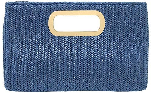 Top Handle Straw Clutch, Navy, L