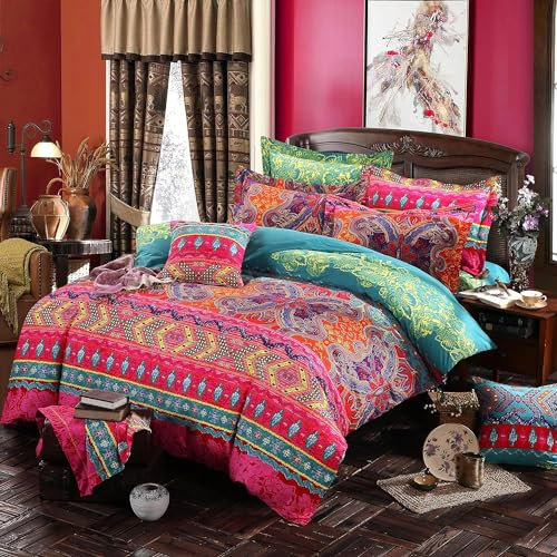 Ustide Heimtextilien 3-teiliges Marken-Set Bettwäsche mit Deckenbezug in buntem Boho-Stil zu 100 % aus hochwertiger Baumwolle, baumwolle, Color 2, King Size