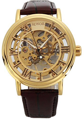 SEWOR orologio scheletrato da uomo in stile vintage a carica manuale meccanico con cinturino in pelle marrone (ORO 2)
