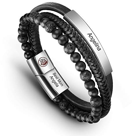 Casisto.J Lederarmband Herren Armband Männer Leder Edelstahl mit Gravur Schwarz Braun Geflochten Ärmbander mit Magnet Verschluss