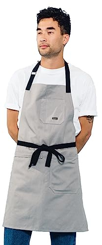 Caldo Daily Cotton Kitchen Apron for Cooking- Mens and Womens Professional Chef or Server Bib Apron - Adjustable Straps with Pockets and Towel Loop (Grey)