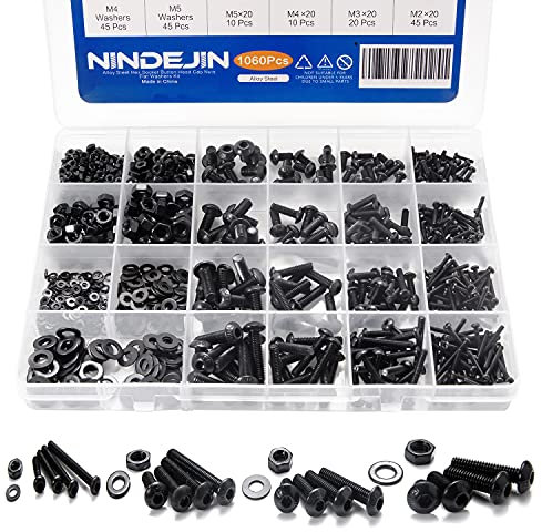 NINDEJIN 1060pcs 12.9 Grade Carbon Steel M2 M3 M4 M5 Metric Hex Socket Head Cap Bolts Screws Nuts Washers Assortment Kit with Hex Wrenches (Round Head Cap)