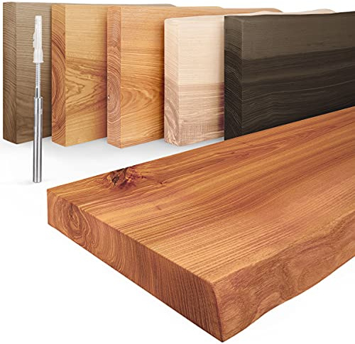 LAMO Manufaktur Étagère Flottante Murale Bois avec Fixation Invisible | Étagère 70 cm Largeur pour Salon, Cuisine, Bureau | Couleur: foncé, Bord: Naturel | Bois Massif, Design Moderne