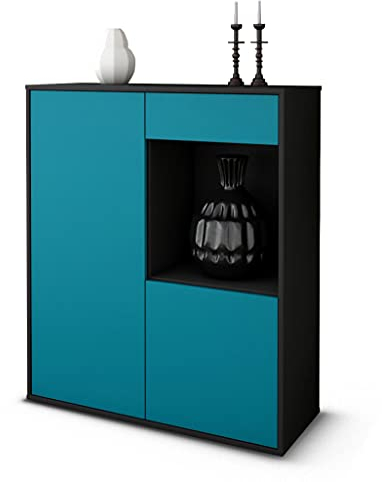 Stil.Zeit Highboard Lena, Korpus anthrazit matt, Front Farb-Design Lagunenblau (92x108x35cm), Push-to-Open Technik & Leichtlaufschienen