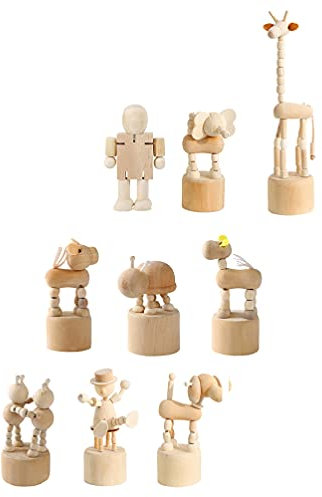 ABOOFAN 9 Stücke DIY Holzfiguren Drücktiere Drückfiguren Wackeltier Dekofigur Ornament Holzpuppe zum Bemalen Basteln für DIY Kinder Bastelset Tischdeko Drückfigur