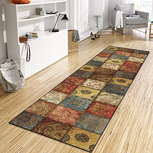 WTHYGB Teppich Läufer Flur Küche 60x120 cm, Vintage rutschfest Waschbar Küchenläufer Flurläufer, Lang Polyester Plaid Muster Beige Teppichläufer für Korridor, Schlafzimmer, Innen Wohnzimmer