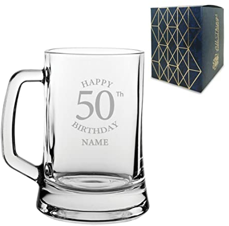 Personalised Engraved Tankard Beer Mug Stein Happy 50th Birthday Classic Design Gift Boxed, 16.75oz/495ml Classic Beer Glass, Any Name, Engraved in The UK