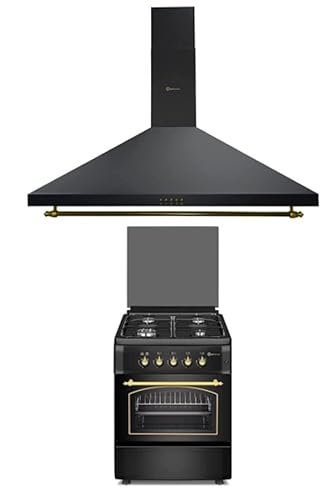 PACK AHORRO COCINA GAS F6S40G2 + CAMPANA de 90 cm H90PR / ESTILO RUSTICO NEGRO CON RIBETES DORADOS/ANCHO 60 CM/FUEGOS CON ENCENDIDO AUTOMATICO/HORNO 60 L.