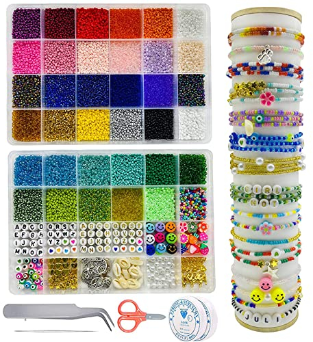 Perlen zum Auffädeln, 30000 Stück 2mm Glasperlen Armbänder Selber Machen für Schmuckherstellung mit 550 Buchstaben Smiley-Frucht und andere 11 verschiedene Perlen Charms Kit
