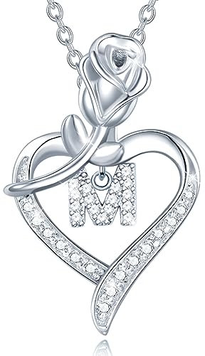 Agvana Sterling Silver Initial Necklaces for Her Rose Flower Heart Letter M Pendant Initial Necklace Fine Jewelry Anniversary Birthday Gifts for Women Mom Wife