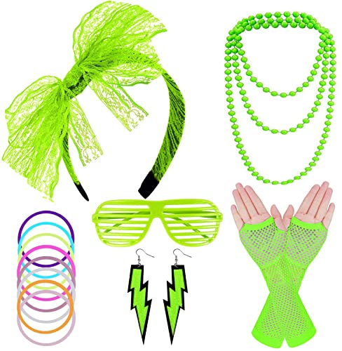 FACATH 80er Jahre Party Kostüm Zubehör Set mit Spitzen Stirnband Neon Ohrringen Fingerlosen Netzhandschuhen Damen 70er 80er Jahre Outfit Disco Zubehör (Grün)