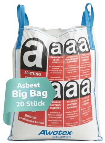 AWOTEX Big Bag 90 x 90 x 110 cm I Beschichteter Asbest Sack Mit Aufdruck 20 Stück I Für Asbestplatten Mit Geschlossenem Boden I Mit Schürze SWL 1000 kg