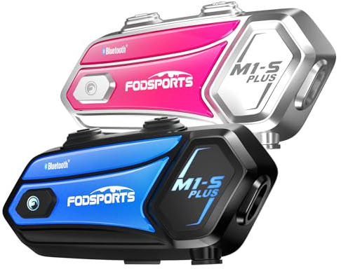 Fodsports M1-S Plus Interfono Moto con Condivisione Musica,Auricolare Casco Bluetooth Coppia,2000M Sistema di Comunicazione Casco,Fino a 10 Persone, Audio Multitasking Cablato,Universale Sciare/ATV