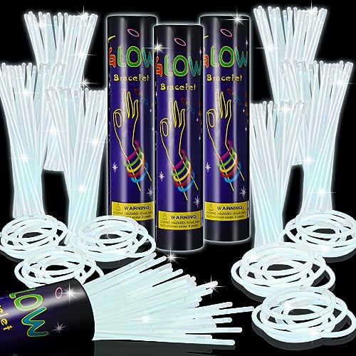 Hestya 300 Stück 20 cm Knicklichter Party Set Neon Leuchtstäbe Knicklichter Armbänder und Ketten mit Verbinder für Kinder Erwachsene Leuchtend im Dunkeln Party Konzert Weihnachten Silvester (Weiß)