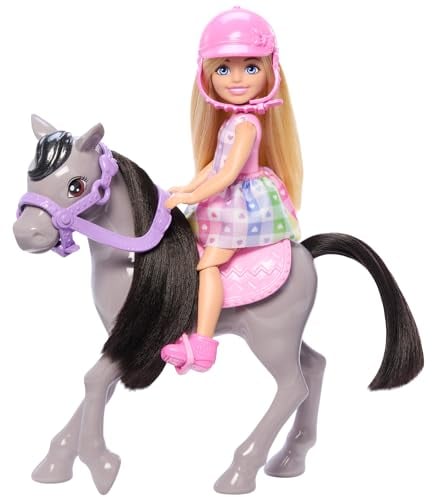 Barbie Chelsea y su Poni Muñeca Rubia con Vestido de Corazones, Caballo de Juguete y Accesorios, +3 años (Mattel HTK29)