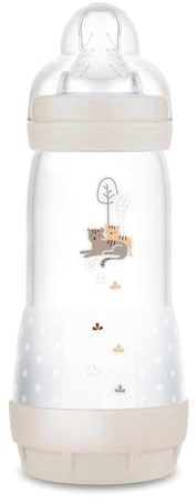 MAM Easy Start Anti-Colic Babyflasche (320 ml), Milchflasche für die Kombination mit dem Stillen, Baby Trinkflasche mit Bodenventil gegen Koliken & Sauger Größe 2, 4+ Monate, Tiger, beige