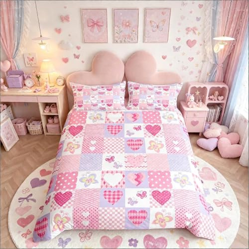 Loussiesd Mädchen-Bettwäsche-Set und Kissen-Set 200X200cm Rosa Herzen und Schmetterlinge Patchwork für Mädchen-Bettbezug Geometrisches Design Kinderbett-Bettdecke Doppelgröße mit 2 Kissenbezügen