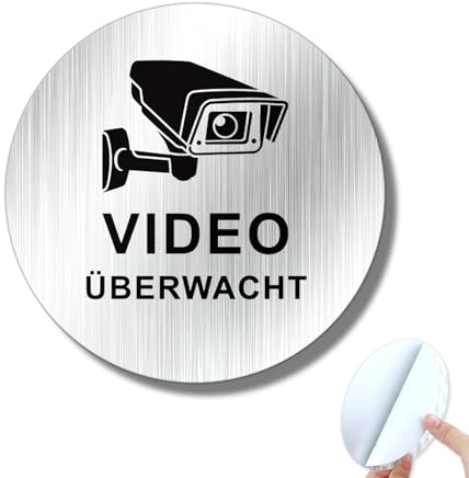 Goodvia Schild Videoüberwachung Durchmesser von 10 cm Runde Design Selbstklebend mit Gebürstete Aluminiumoberfläche 1 Stück