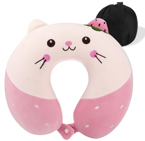 Litimkat Cuscino da viaggio,cuscino portatile per il collo dei bambini,cuscino a forma di U in memory foam per viaggi e campeggio,ufficio,simpatico motivo animale (rosa)
