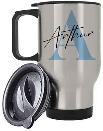 Getagift Personalised Mug Initial with Name, Alphabet Mug, Insulated 14oz Travel Mug, Tea, Coffee Mug. (Silver)