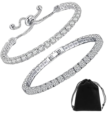 MEMOFYND 2 Stück Weiße Diamant-Zirkon-Armbänder Mit 1 Flanellbeutel, Funkelnde Armbänder, Verstellbare Armbänder, Geburtstagsgeschenke, Damen-Mädchen-Schmuck, Stilvoll Und Einfach (Silber)