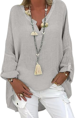 Tincini Blusa de lino para mujer, blusa de verano, túnica, cuello de pico, tallas grandes, camiseta de manga larga para mujer, camisa de lino y algodón, F gris., XXL