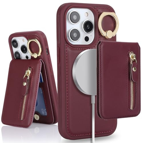 SailorTech iPhone 13 Pro Phone Leather Case with Credit Card Holder Magsafe, iPhone 13 Pro Case Ring Stand with Kickstand Card Slots Wallet Detachable 2-in-1 Zipper Case - Burgundy