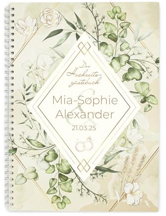 familiawedding personalisiertes Greenery - DesignXXL Gästebuch zur Hochzeit, Romantisches Hochzeitsgästebuch mit lustigen Fragen zum Ausfüllen