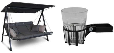 Angerer Hollywoodschaukel Lounge - Gartenschaukel Made in Germany - Schaukel zum Sitzen, Liegen und Entspannen - inklusive Bett-Funktion & Getränkehalter 4-Kant grau Becher durchsichtig