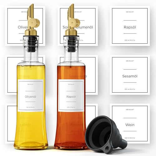 Greymount ® Ölflasche Set - 2er Pack 300m Essig und Ölspender aus Glas mit Ausgießer Gold für Olivenöl und mehr | Auslaufsicher und Tropffrei | Inklusive 27 Etiketten und Trichter